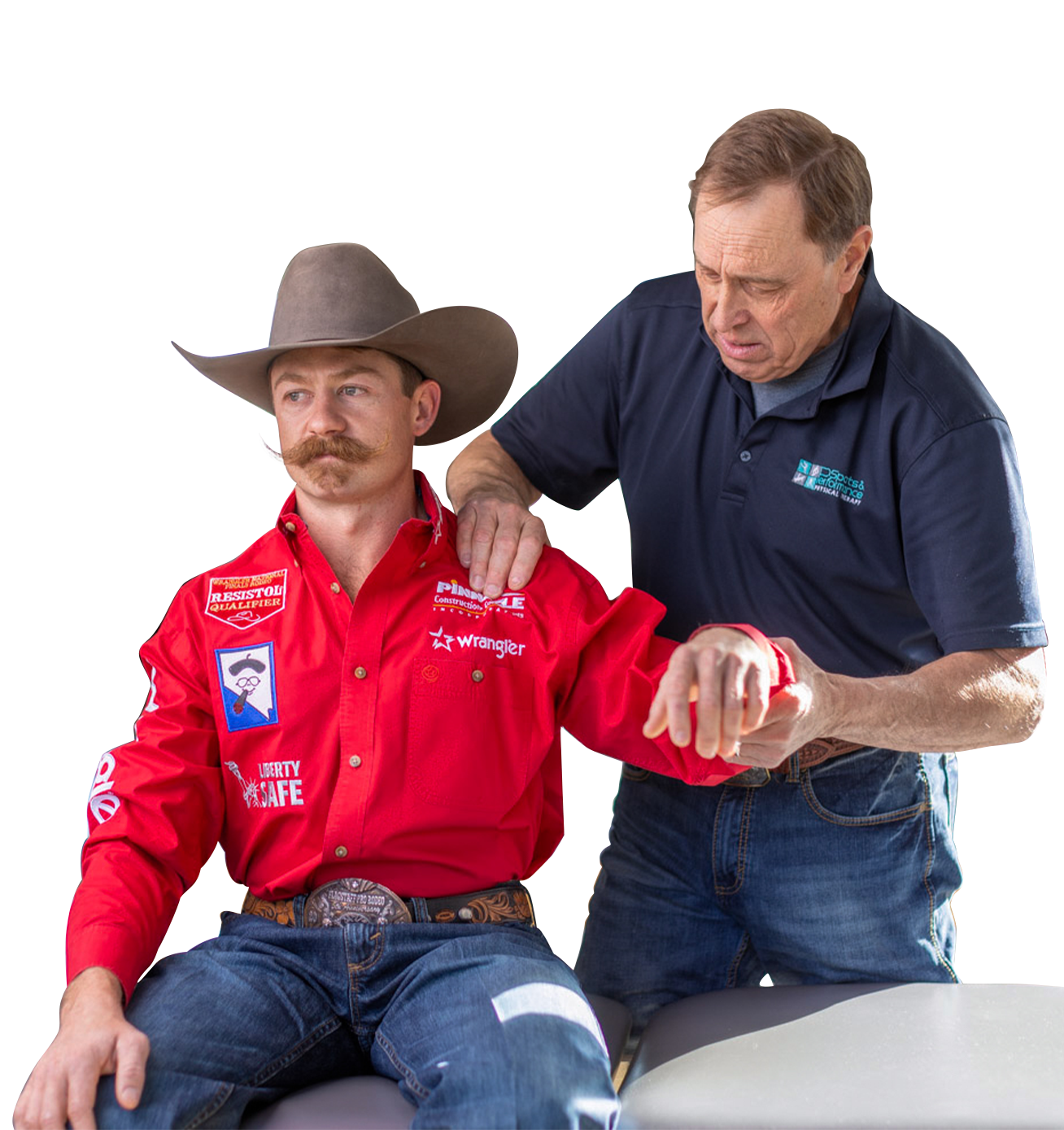 A bull rider receiving treatment from his trusted physical therapist.